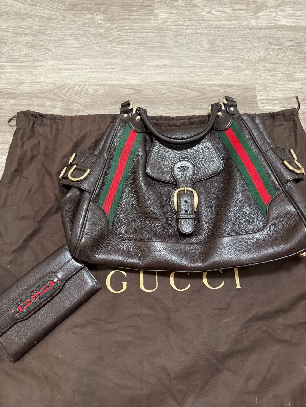 Gucci Brown Leather Shoulder Bag with Red and Green Web plus wallet